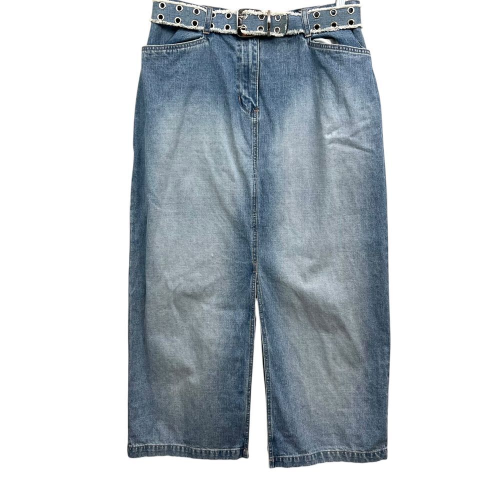 Ashley Stewart Women Long Denim Skirt Grommet Belt Pockets Slit Blue Plus 14W*